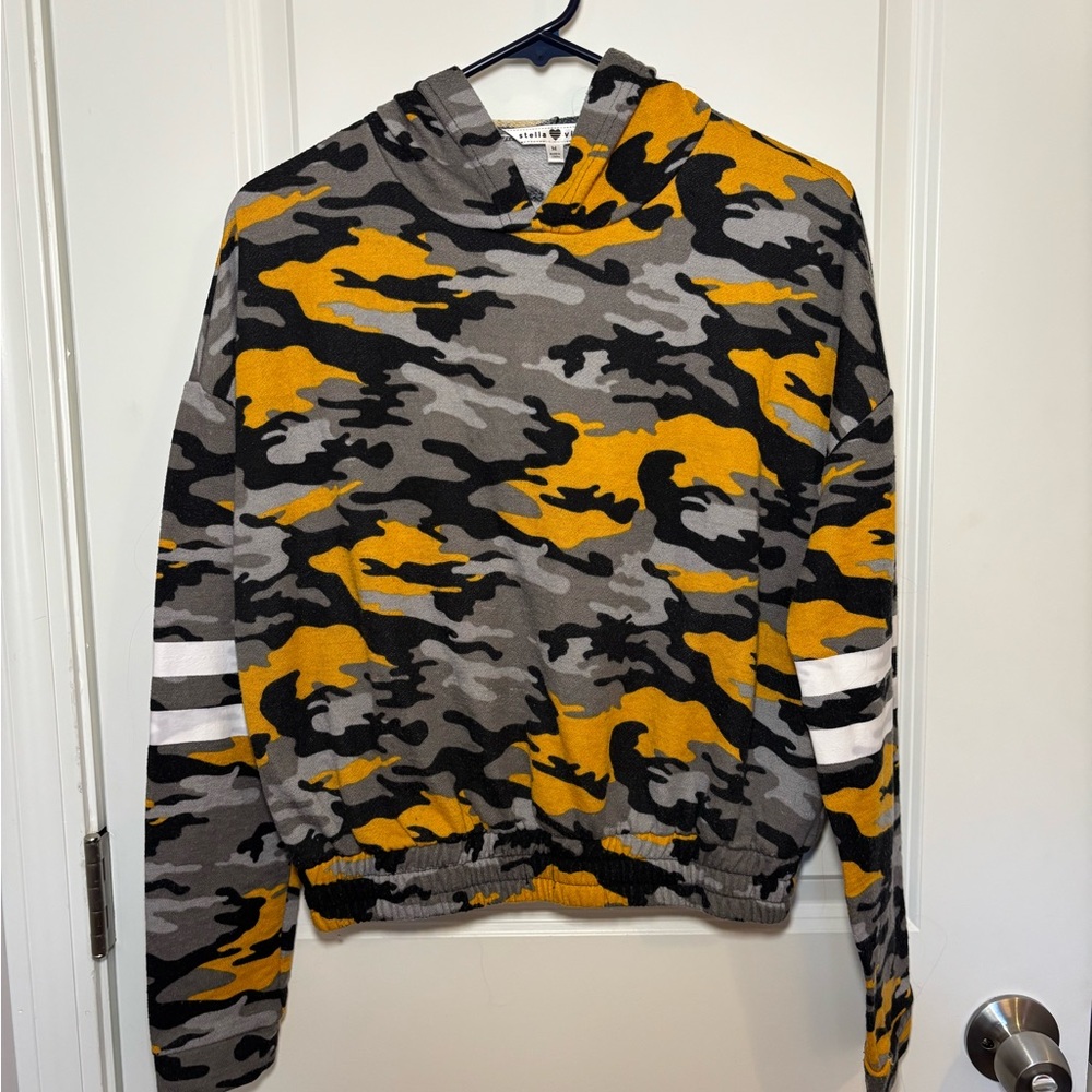 Women’s Camouflage Hoodie in Black, Gray, and Orange